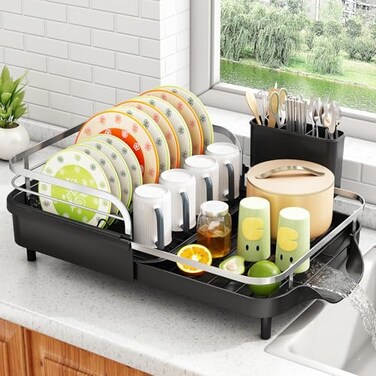 SAYZH Dish Drying Rack Expandable Dish Rack for Kitchen Counter RustResistant Dish Drainer with Utensil Holder and Raised Guardrail Kitchen Organizer for Cup and Bottle Black