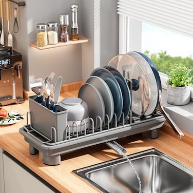 SanDream Small Dish Drying Rack with Removable Utensil Holder AntiScratch Base Stainless Steel Dish Rack Dish Drying Rack with Drainage Space Saving Design for Kitchen Counter Gray