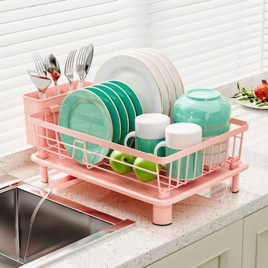 GAOKASE Dish Drying Rack Stainless SteelDish Rack Dish Racks for Kitchen Counter Kitchen Dish Drainers with Removable Utensil HolderNew Drain OutletPlate Rack and DrainboardPink11 W x 15 L