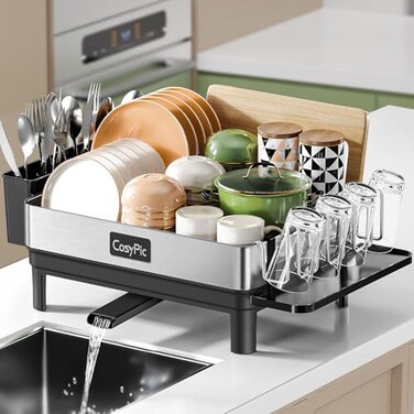 CosyPic Dish Racks Thicker Premium 304 Stainless Steel Dish Drying Rack for Kitchen Counter Automatic Drainage Spout Dish Drainer Drainboard Set with Utensil Holder and Cup Holder Black