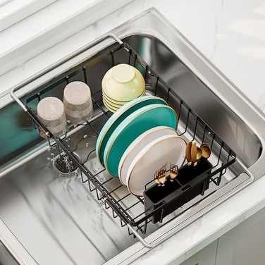 HANLE Small Dish Drying Rack in Sink Expandable Stainless Steel Dish Drainers for Kitchen Counter with Drain Board Utensil HolderBlack