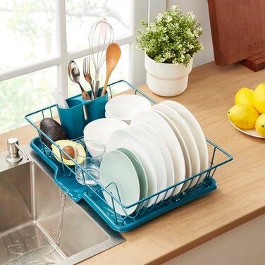 Sweet Home Collection SpaceSaving 3Piece Dish Drainer Rack Set Efficient Kitchen Organizer for Quick Drying and Storage Includes Cutlery Holder and Drainboard Maximize Countertop Space BlueGreen Teal