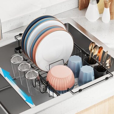 iSPECLE Expandable in Sink Dish Drying Rack with Cup Holder Rust Resistant Adjustable Over The Sink Dish Drainer with Tightening Knob Arms with Non Slip Rubber Fits Sink 124171 Black