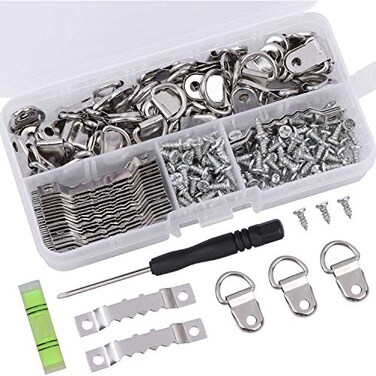Tbestmax 252 D Ring Picture Frame Hanger and Sawtooth Photo Hanging Hardware Set with Screws and Spirit Level Silver
