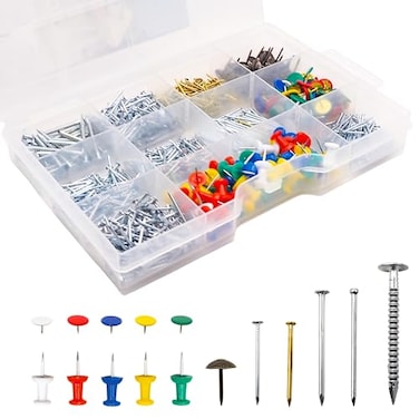 NACETURE 1000 Pcs Wall Nail Assortment Kit Includes Push Pins for Bulletin Board Classic Nails RetroStyle Nails and Thumb Tacks Perfect for Wall Hanging Art Display and Home DIY Projects