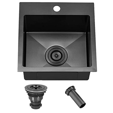 Comllen 15x15 Black Drop In Bar Sink Stainless Steel Small Kitchen Sink Single Bowl Gunmetal Black Sinks for Outdoor Wet Bar Prep RV Yard Office Laundry Utility with Strainer Drain