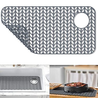 AWOKE Sink Protectors for Kitchen SinkKitchen Sink Protector Mat 286 x 145 HeatResistant Silicone Folding NonSlip Mat for Stainless Steel Sink with Right Drain Grey
