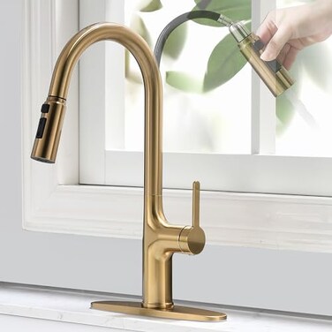 FROPO Brushed Gold Kitchen Faucet Single Handle Gold Kitchen Sink Faucet with Pull Down Sprayer Modern Stainless Steel Brass Gold Faucet with Deck Plate 3Function Spray Head 1 or 3 Hole
