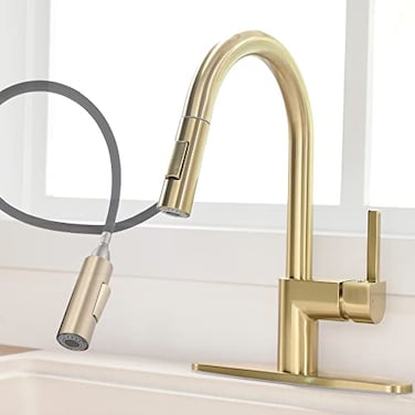 FROPO Gold Kitchen Faucet with Pull Down Sprayer Single Handle Pull Out Kitchen Sink Faucet 1 3 Hole with Deck Plate Low Arc Brushed Gold 360 Swivel Modern Kitchen Faucets for RV Bar Lavatory