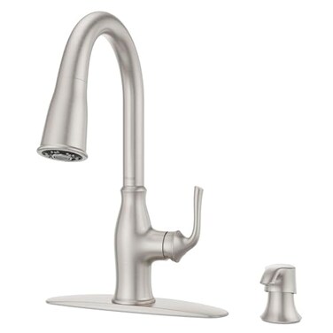 Pfister Rosslyn Kitchen Faucet with Pull Down Sprayer and Soap Dispenser Single Handle High Arc NSF Spot Defense Stainless Steel Finish F5297RSSRGS