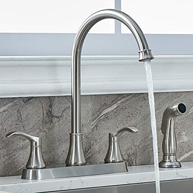 VALISY 3 Hole or 4 Hole Two Handle Kitchen Faucet with Side Sprayer Commercial LeadFree Brushed Nickel Kitchen Sink Faucets for Rv Sinks with HighArc Spout Side Sprayer VADR0004L