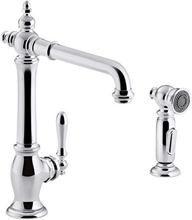 KOHLER Artifacts 2hole kitchen sink faucet with 1312 swing spout and matching finish twofunction sidespray with Sweep and BerrySoft spray Victorian spout design