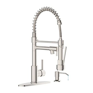Casavilla Kitchen Faucet with Soap DispenserSingle Handle Faucet for Camper Farmhouse RV Kitchen SinkSpring Kitchen Sink Faucets with Pull Down Sprayer and Deck PlateDual Function Spray HeadBrushed Ni