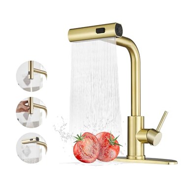 JOOM Gold Kitchen Faucets with Pull Down SprayerWaterfall Kitchen Sink FaucetCommercial Utility Stainless Steel Kitchen FaucetsSingle Handle Kitchen Sink Faucet with Pull Down Sprayer for 3 Function