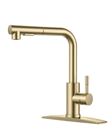 FORIOUS Gold Kitchen Faucet with Pull Down Sprayer Stainless Steel Single Handle Classic Pull Out Sink Faucet for Farmhouse Laundry RV Bar with Deck Plate for 1 or 3 Holes