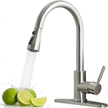 Ufaucet Kitchen Faucets with Pull Down Sprayer Brushed Nickel High Arc RV Laundry Bar Commercial Sink Faucet 1 or 3 Hole Stainless Steel Single Handle Faucets for Kitchen Sink with Deck Plate