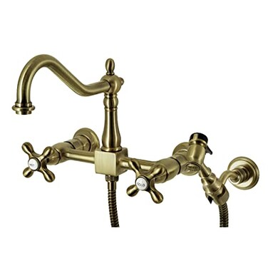 Kingston Brass KS1243AXBS Heritage 8Inch Wall Mount Kitchen Faucet with Brass Sprayer Antique Brass