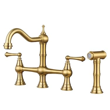 WOWOW Brass Kitchen Faucet Bridge with Side Sprayer 4 Hole Kitchen Faucet 2 Handle 8 Inch Centerset Gold Faucet for Kitchen Sinks Heritage Brushed Gold Kitchen Sink Faucet