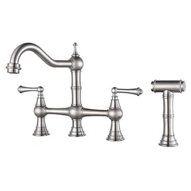 WOWOW 8 inch Centerset Bridge Kitchen Faucet with Brass Side Sprayer 2 Handles 4 Holes Antique Classic Heritage DeckMount Kitchen Sink Faucet Brushed Nickel