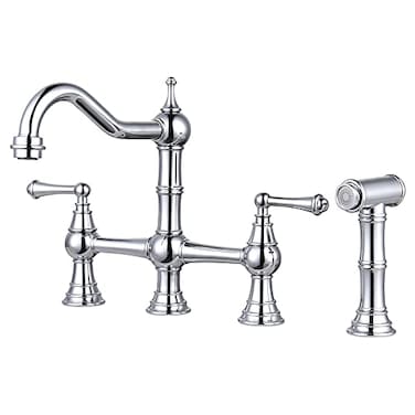 WOWOW 4 Hole Kitchen Faucet with Sprayer 8 Inch Centerset Brass Bridge Kitchen Faucet 2 Handle with Side Sprayer Vintage Farmhouse Kitchen Sink Faucet Chrome