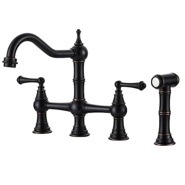 WOWOW Brass Kitchen Faucet with Side Sprayer 8 Inch Centerset Bridge Faucet for Kitchen Sinks 4 Hole Kitchen Faucet Bronze Vintage Farmhouse Kitchen Sink Faucet