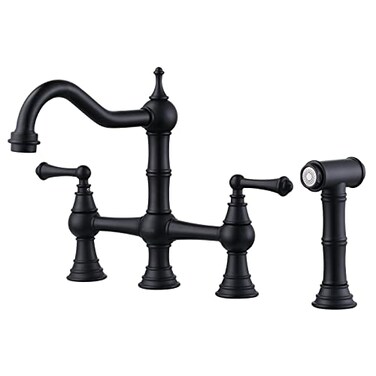 WOWOW Black Kitchen Faucet with Side Sprayer 4 Hole Brass Kitchen Faucets for Sink 2 Handle 8 Inch Centerset Bridge Faucet Vintage Farmhouse Copper Kitchen Sink Faucets