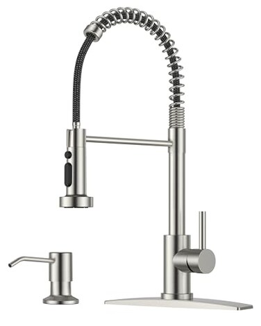 FORIOUS Kitchen Faucet with Soap Dispenser Stainless Steel Kitchen Sink Faucet with Pull Down Sprayer Burhsed Nickel Single Handle Modern Spring Commercial for Laundry Room RV Camp Bar Farmhouse