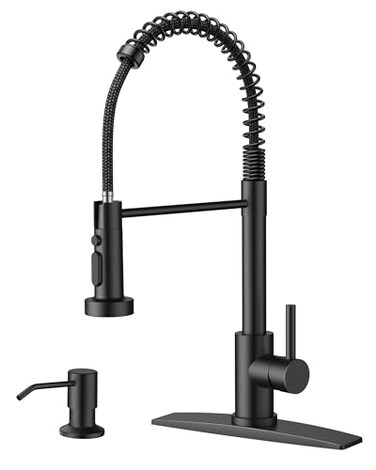 FORIOUS Black Kitchen Faucet with Soap Dispenser Stainless Steel Kitchen Sink Faucet with Pull Down Sprayer Single Handle Modern Spring Commercial for Laundry Utility Room RV Camp Bar Farmhouse