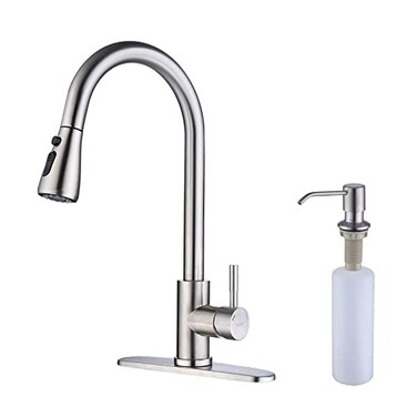 Keer Brush Nickel Single Handle Pull Down Kitchen Faucet with Soap Dispenser 3 Modes Sprayer Easy Assembly Single Handle High Arc Stainless Steel Faucet