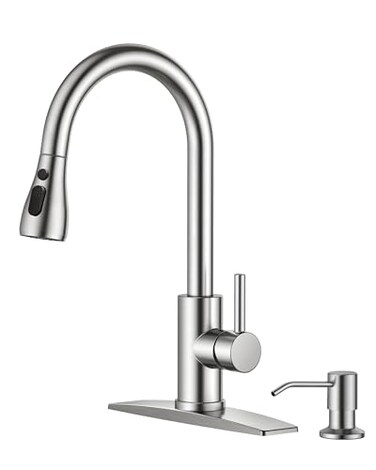 FORIOUS Kitchen Faucet with Soap Dispenser Brushed Nickel Single Handle Stainless Steel Transitional Sink Faucet with Pull Down Sprayer 1 or 3 Hole Suitable for Farmhouse Laundry Camper RV Bar