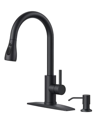 FORIOUS Black Kitchen Faucet with Soap Dispenser Single Handle Stainless Steel Transitional Sink Faucet with Pull Down Sprayer 1 or 3 Hole Suitable for Farmhouse Laundry Camper RV Bar