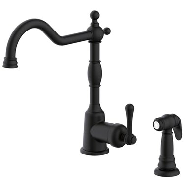 Gerber Opulence Black Kitchen Faucet with Side Spray Farmhouse Style Single Handle HeavyDuty Brass Construction 2Hole Installation in Satin Black D401157BS