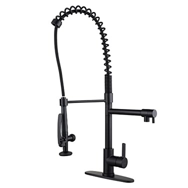 WOWOW Commercial Kitchen Faucet with PreRinse Sprayer 28Inch Height Solid Brass Kitchen Sink Faucet 1 or 3 Hole Deck Mount Matte Black Spring Kitchen Faucet with Dual Swing Spout