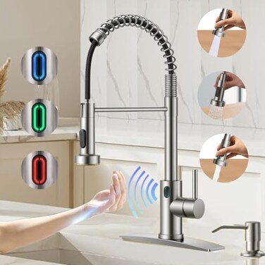 VIDEC TouchLess Kitchen Faucet 3 Modes Pull Down Sprayer Sensor Activated LED Temperature Control 360Degree Rotation 1 or 3 Hole Deck Plate 10Year WrrantyMatte Nickel KW79SN