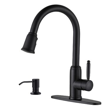 WOWOW Black Kitchen Faucet with Soap Dispenser Stainless Steel Kitchen Faucet for Sink 2 or 4 Hole High Arc Vintage Kitchen Sink Faucet with Pull Down Sprayer and Deck Plate