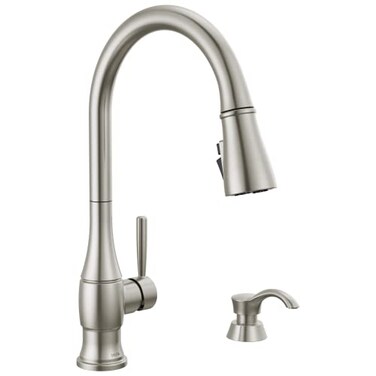 Delta Hazelwood Brushed Nickel Kitchen Faucet with Pull Down Sprayer and Soap Dispenser Modern Single Hole Kitchen Sink Faucet Single Handle Spotshield Stainless 19831ZSPSDDST