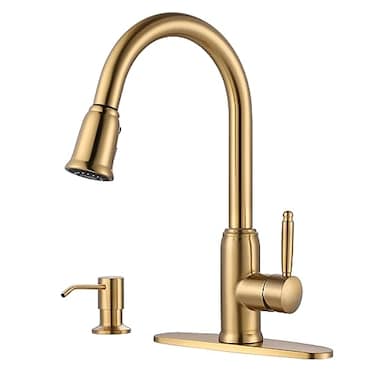 WOWOW Gold Kitchen Faucet with Soap Dispenser Stainless Steel Kitchen Faucet for Sink 2 or 4 Hole High Arc Vintage Kitchen Sink Faucet with Pull Down Sprayer