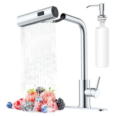 AVSIILE Waterfall Kitchen Faucets with Pull Down Sprayer Soap Dispenser in Chrome Single Hole Single Handle Pull Out Tap Stainless Steel Sink Faucet Suitable for Farmhouse Camper Laundry Rv Bar