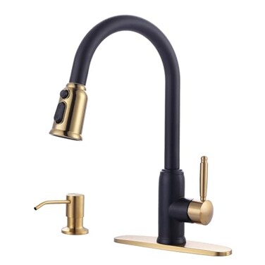 WOWOW Black Gold Kitchen Faucet with Soap Dispenser Stainless Steel Kitchen Faucet for Sink 2 or 4 Hole High Arc Vintage Kitchen Sink Faucet with Pull Down Sprayer