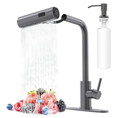 AVSIILE Waterfall Kitchen Faucets with Pull Down Sprayer Soap Dispenser Single Hole Single Handle Pull Out Tap Stainless Steel Sink Faucet in Gray Suitable for Farmhouse Camper Laundry Rv Bar