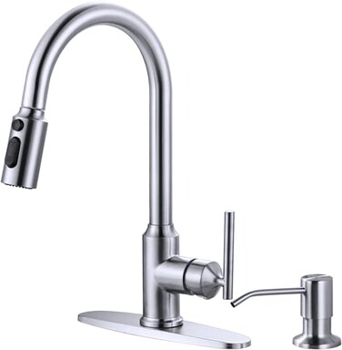 WOWOW Kitchen Faucets with Soap Dispenser with Pull Down Sprayer High Arc Single Handle Stainless Steel Sink Faucets 1 or 3 Hole Kitchen Sink Faucets for Farmhouse Camper Laundry Rv BarBrushed Nickel