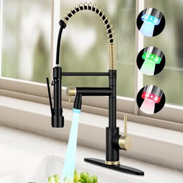 VIDEC Smart Kitchen Faucet 3 Modes Pull Down Sprayer LED Temperature Control Ceramic Valve360Degree Rotation1 or 3 Hole Deck Plate Double SpoutMatt BlackGold KW21RK