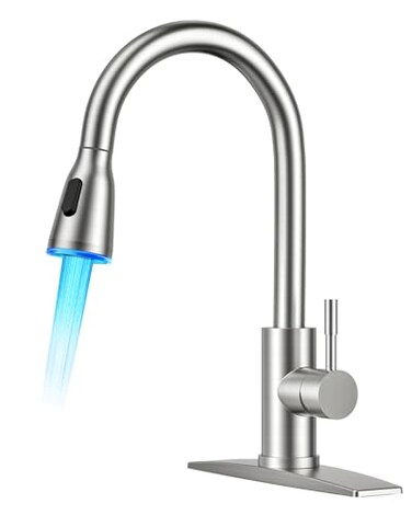 FORIOUS LED Kitchen Faucet with Pull Down Sprayer Brushed Nicke Single Handle Stainless Steel Traditional Sink Faucets with LED Light Sprayer Head Suitable for Farmhouse Laundry Camper Rv Bar