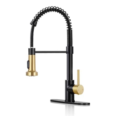 DJS Kitchen Faucets with Pull Down Sprayer Matte Black Brushed Gold High Arc Single Handle 1 or 3 Holes Spring Kitchen Sink Faucet with Deck Plate for Farmhouse RV Vessel Basin