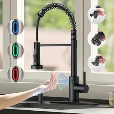 VIDEC TouchLess Kitchen Faucet 3 Modes Pull Down Sprayer Sensor Activated LED Temperature Control 360Degree Rotation 1 or 3 Hole Deck PlateDark Black KW79RR