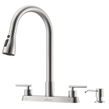 APPASO 2 Handle Kitchen Faucet with Sprayer 4 Hole Dual Handle Kitchen Faucet with Pull Down Sprayer and Soap Dispenser High Arc Stainless Steel for 3 4 Hole Sink Brushed Nickel