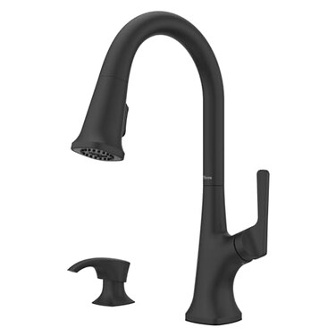 Pfister Ridgeline Kitchen Faucet with Pull Down Sprayer and Soap Dispenser Single Handle High Arc NSF Spot Defense Matte Black Finish F5297RGSDB