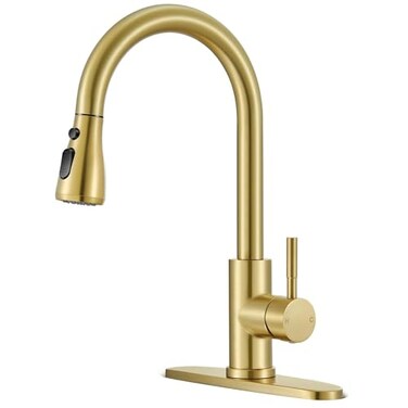 SOEBIZ Brushed Gold Kitchen Faucets with Pull Down Sprayer High Arc Single Handle Stainless Steel Kitchen Sink Faucet for 1 or 3 Hole Ideal for Farmhouse RV Laundry Bar Camper Commercial