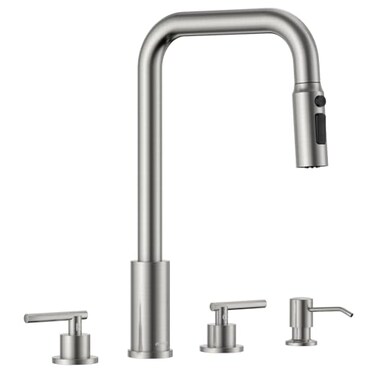 APPASO 4 Hole Kitchen Faucet with Pull Down Sprayer 3 Hole Dual Handle Kitchen Faucet with Soap Dispenser and 3Function Spray 2 Handles Brushed Nickel Stainless Steel for 3Hole 4 Holes Sink