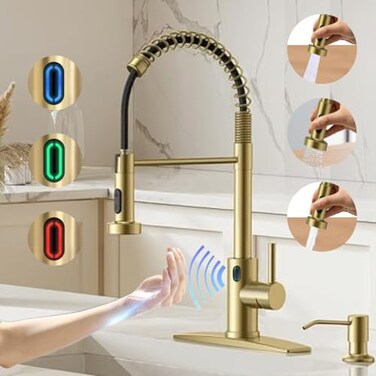 VIDEC TouchLess Kitchen Faucet 3 Modes Pull Down Sprayer Sensor Activated LED Temperature Control 360Degree Rotation 1 or 3 Hole Deck PlateMatte Gold KW79J